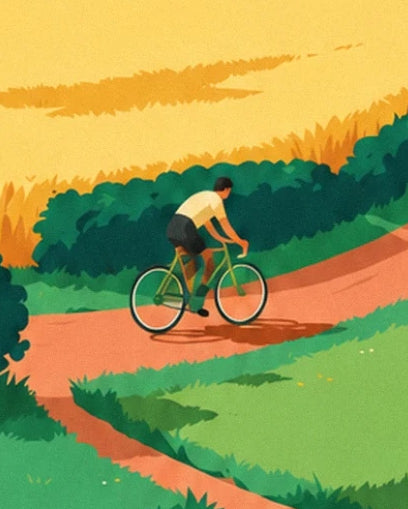 Le cycliste en maillot clair sur son vélo vert, au détour du chemin orangé