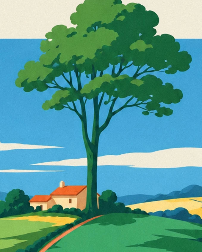 Le grand arbre au feuillage vert devant une maison crème aux toits orangés