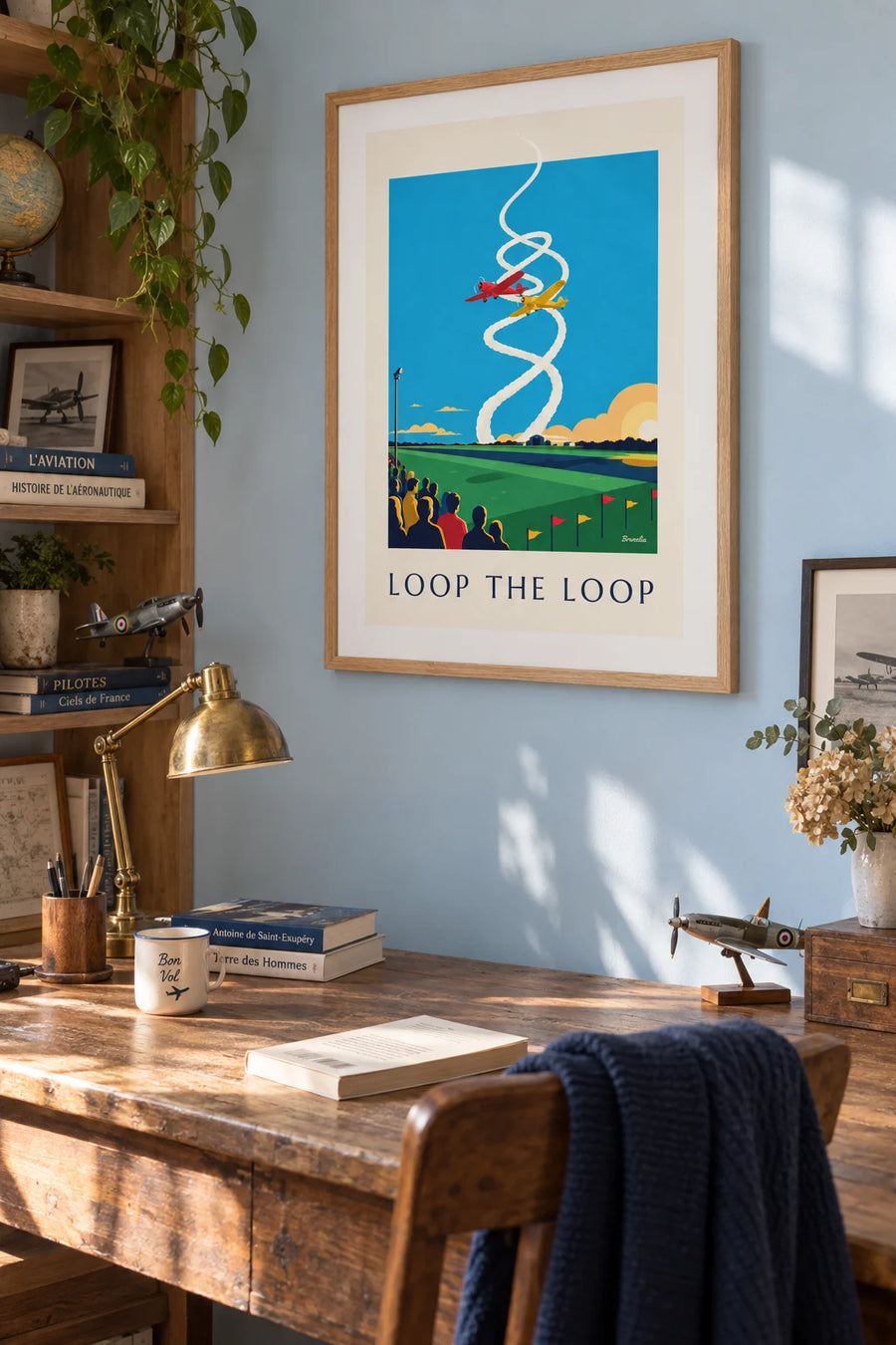 Poster of aerobatic planes at an air show: framed on the wall
