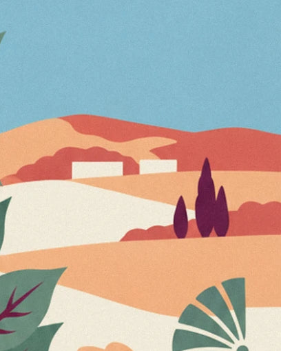 Les collines orangées et crème avec 2 bâtisses blanches et des cyprès sombres, sous un ciel bleu