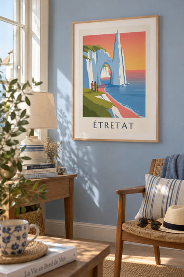 Poster of the white cliffs of Étretat at sunset: framed on the wall