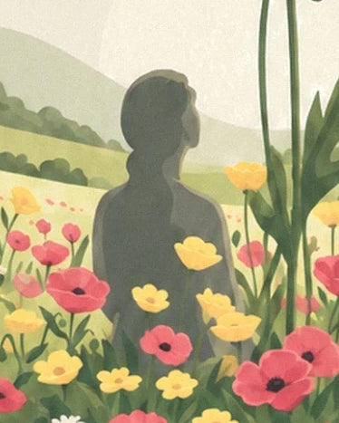 A figure seen from behind among red poppies and yellow flowers