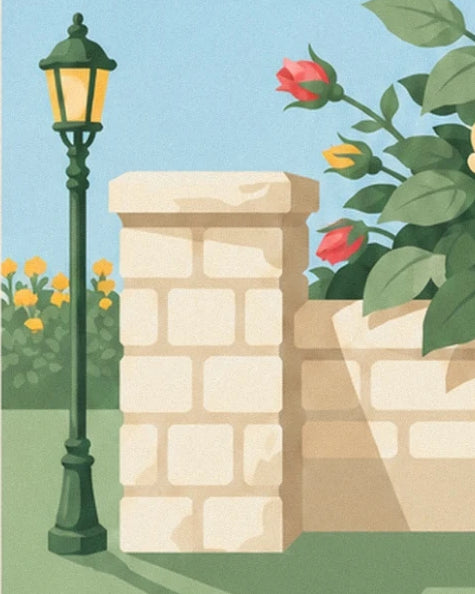 A green street lamp beside a pale stone pillar and rosebuds