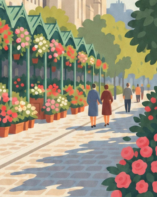 The walkers on the cobbled quay, beside the sunlit flower stalls