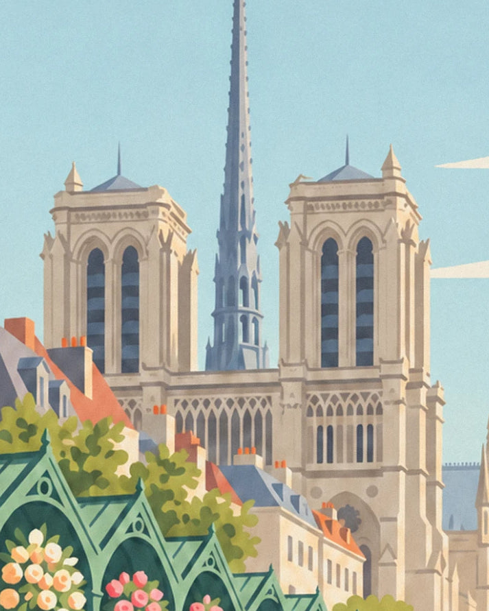 The 2 towers of Notre-Dame and its spire above the rooftops and stalls