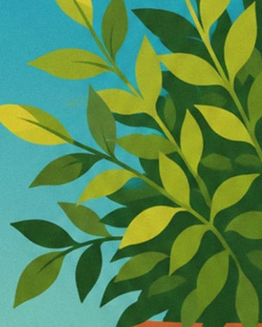 Sprigs with olive-green and bright yellow leaves against a turquoise background