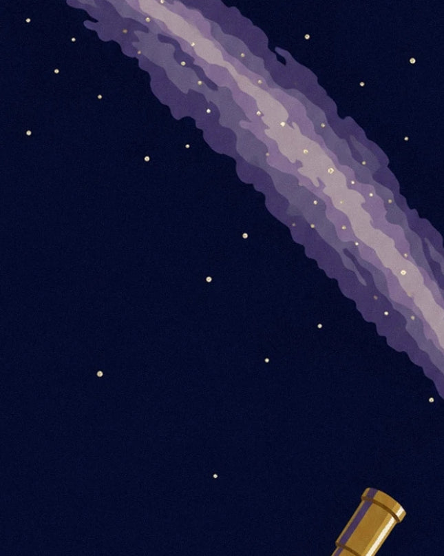 La Voie lactée aux volutes mauves dans le ciel étoilé, au-dessus du bout du télescope doré