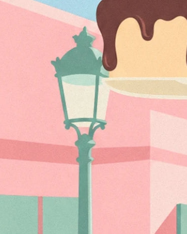 Le réverbère vert devant la façade rose, près du gâteau nappé de chocolat