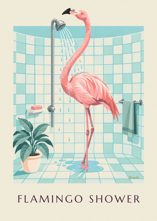 Affiche flamant rose sous la douche dans une salle de bain
