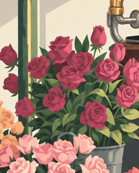 Les roses rouges et rose pâle dans leurs seaux, sur l’étal du marché aux fleurs