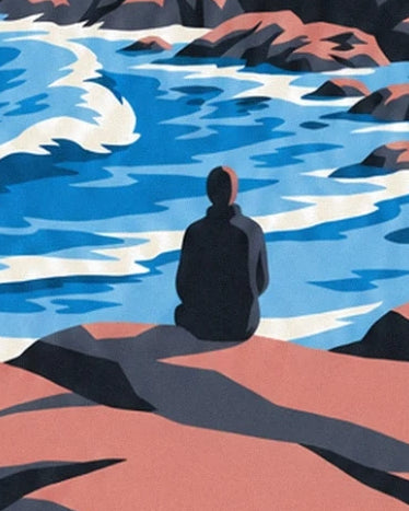 A figure seen from behind, sitting on the pink rocks facing the foaming sea