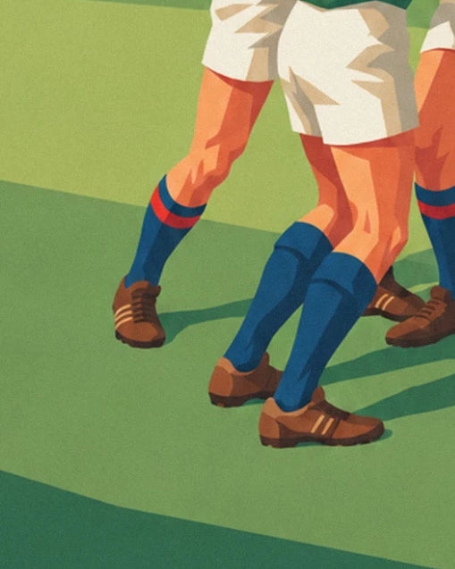 The muscular legs, blue socks and brown boots, firmly planted on the green turf