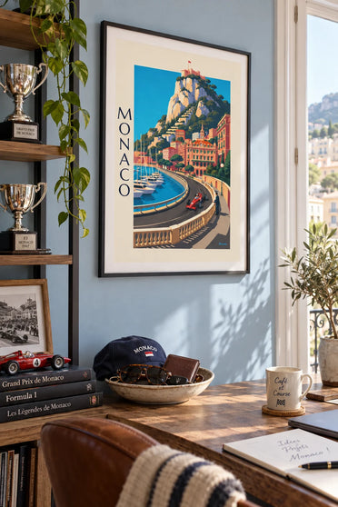 Race car poster of the Monaco Grand Prix by the harbor: framed on the wall