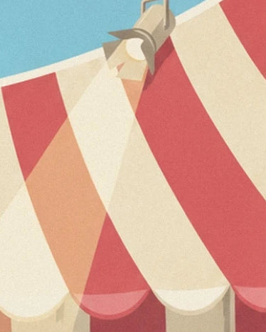 The red and cream canvas of the big top, its rounded edges and grey fastening