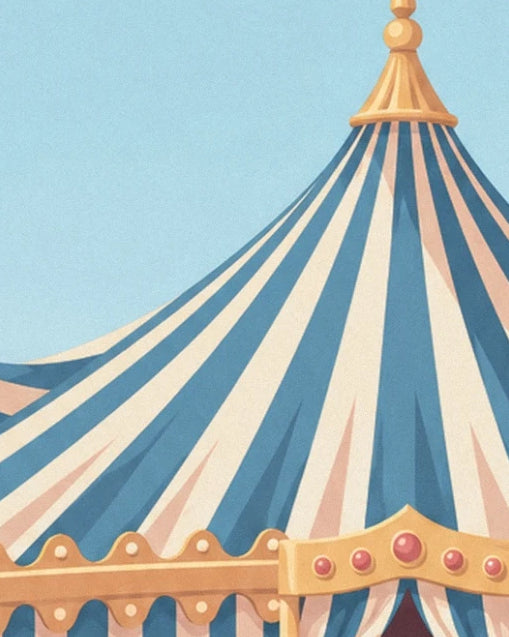 The golden top of the big top and its blue and cream striped canvas against the blue sky