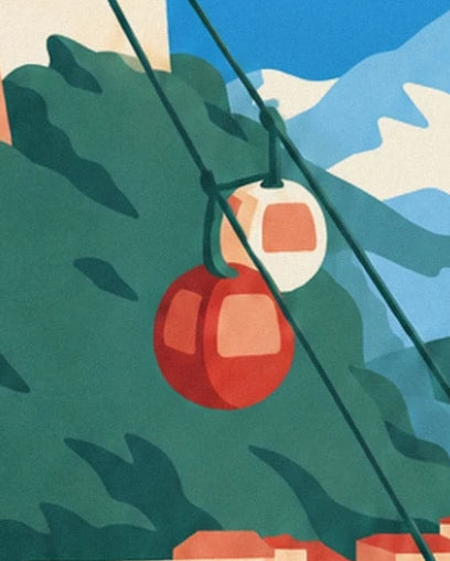 Les bulles rouge et crème du téléphérique devant les pentes vertes de Grenoble