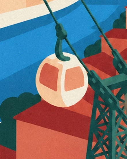 Une bulle crème aux vitres orangées, près du pylône vert et des toits rouges