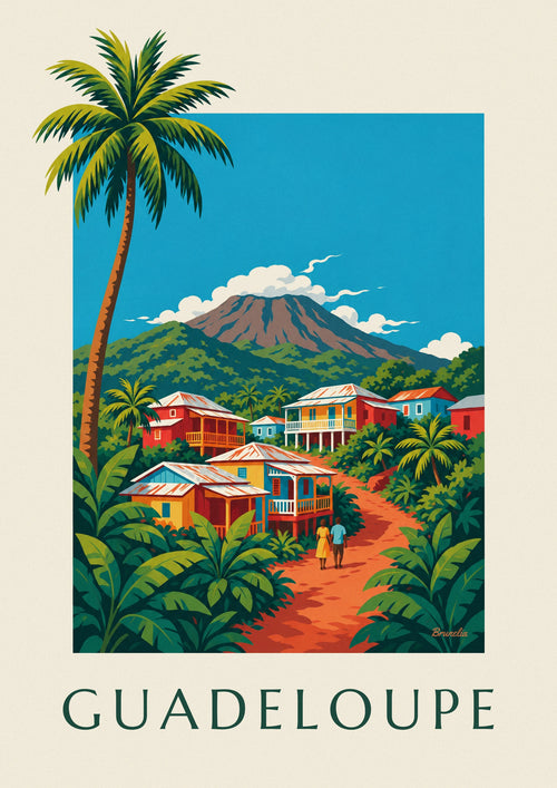 Juliste kreolitaloista ja Soufrièren tulivuoresta Guadeloupella: koko juliste