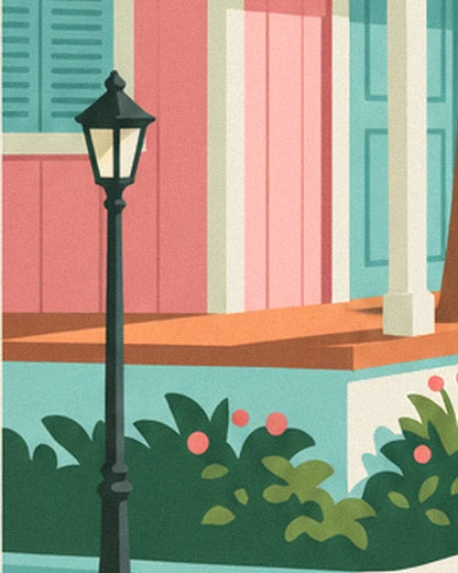 The black street lamp in front of the pink veranda, among bushes with pink flowers