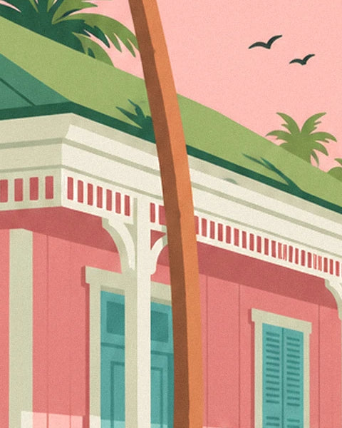 A pink façade with a white fretwork cornice, teal shutters and a green roof, with 2 birds in the sky