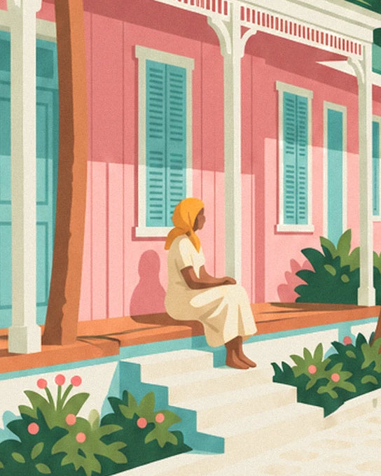 The woman in a yellow headscarf sitting on the steps of the pink cottage, facing the blue shutters