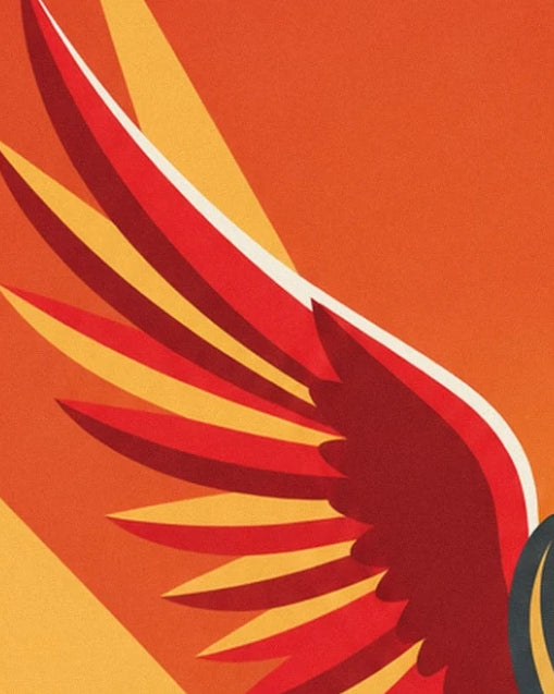 Une aile aux longues plumes rouges et bordeaux, soulignée de blanc sur fond orange