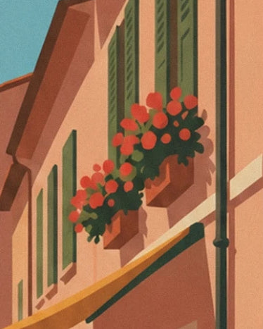 Window boxes of red flowers beneath the green shutters of the orange façade