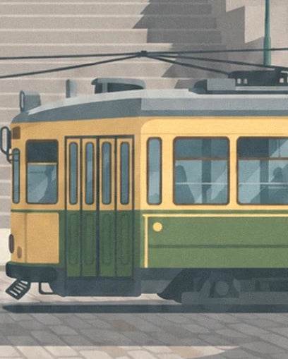 The yellow and green tram, its glass doors and pantograph beneath the wires