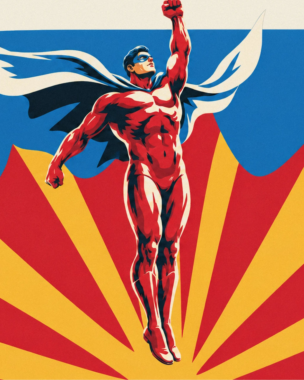 Le super-héros en costume rouge, poing levé et cape claire sur fond rayonnant