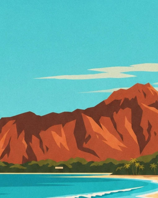 The ochre ridges of Diamond Head above the palm trees and turquoise bay