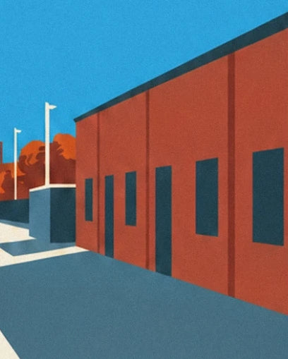 The red building with dark doors and windows, lined with white street lamps
