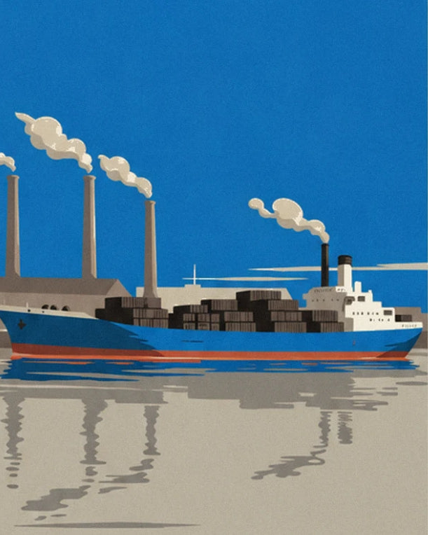 The blue cargo ship loaded with dark crates, in front of 3 smoking factory chimneys
