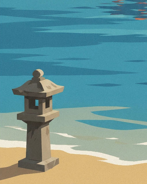 The stone lantern on the golden sand, beside the turquoise water