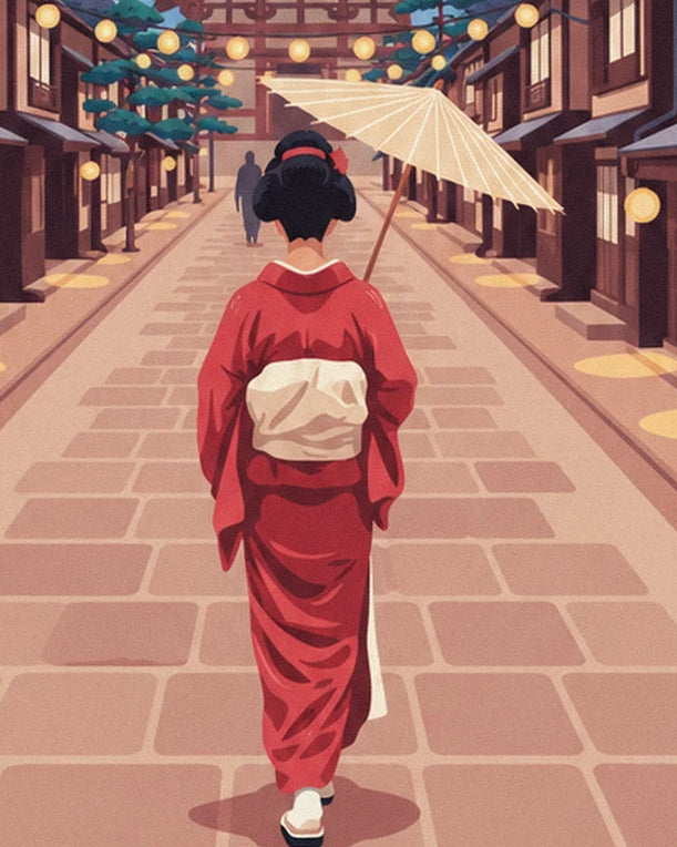 La geisha en kimono rouge et obi crème, de dos, son ombrelle ouverte dans la rue pavée
