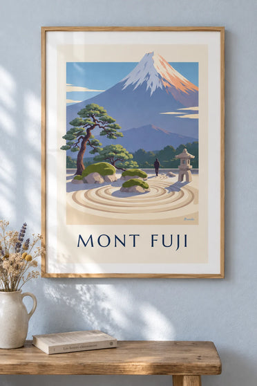 Juliste japanilaisesta zen-puutarhasta Fuji-vuoren edessä: kehystettynä seinällä