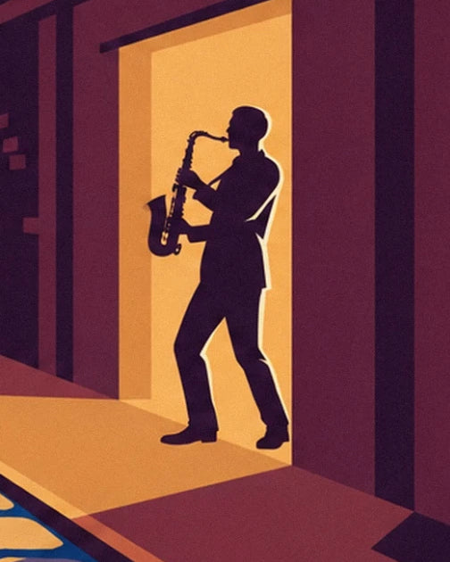 La silhouette d’un saxophoniste dans une entrée baignée de lumière dorée