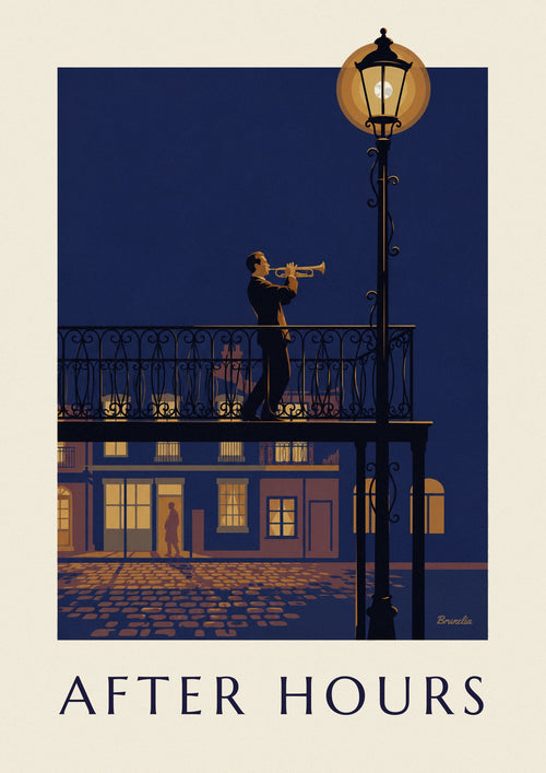 Affiche trompettiste de jazz sur un balcon en fer forgé la nuit : l'affiche entière