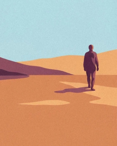 A purple silhouette on orange ground, beneath a vast pale blue sky