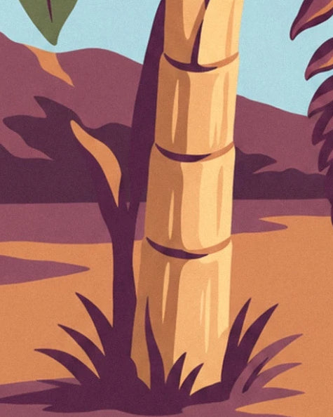 The golden trunk of the banana plant, its purple rings and the grasses at its base