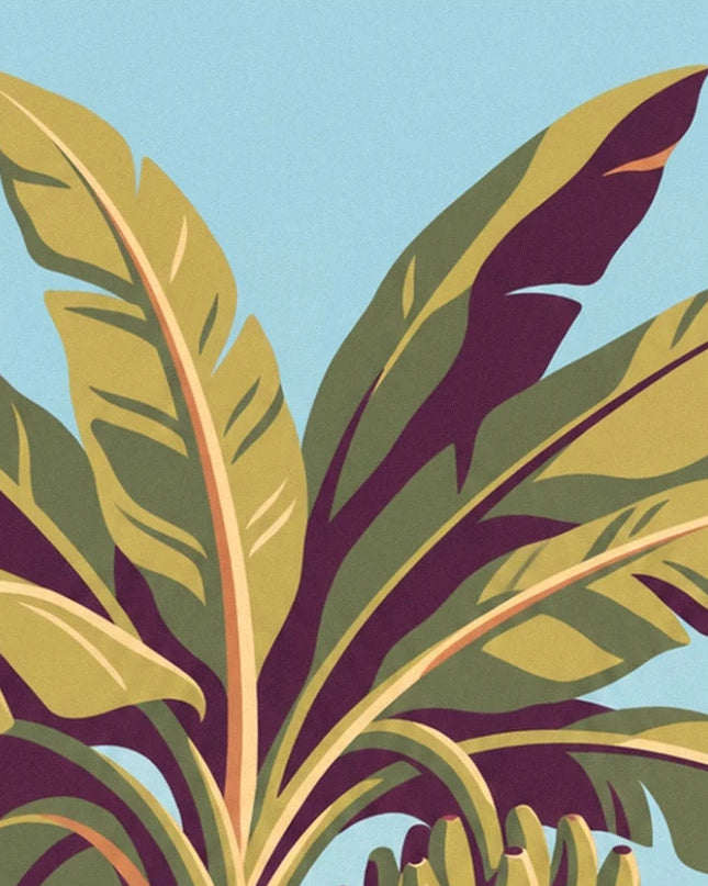 The large banana leaves in olive green, golden yellow and purple
