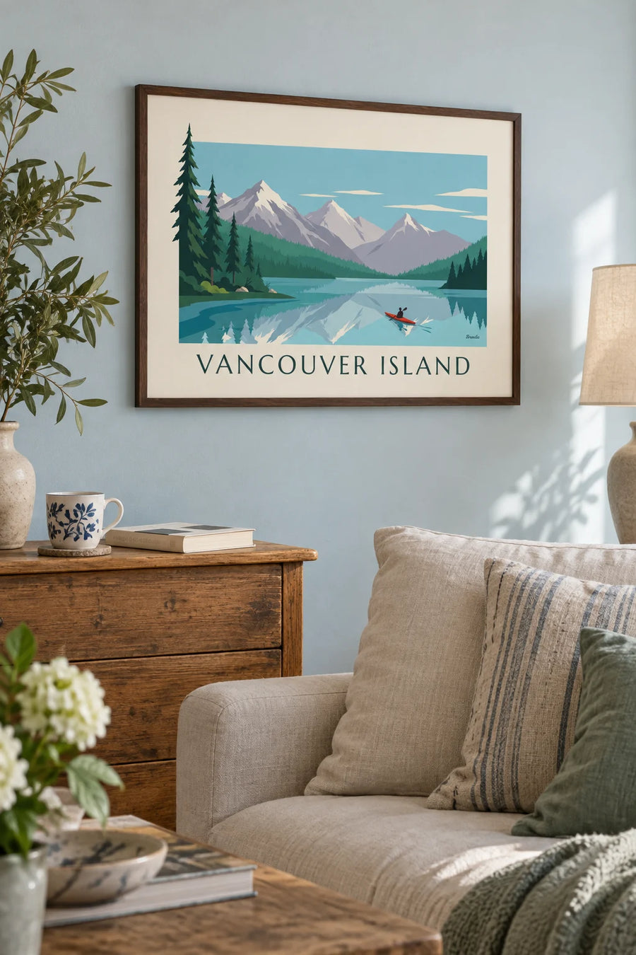 Kayak poster on a lake on Vancouver Island: framed on the wall