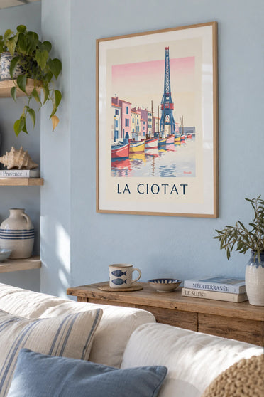 Poster of the colorful boats of La Ciotat harbor and its shipyard: framed on the wall