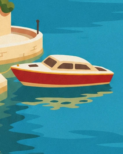 Le bateau rouge à cabine crème et ses reflets sur l’eau turquoise du lac