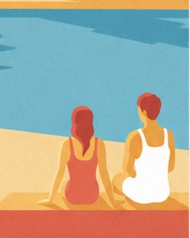 The pair seen from behind in red and white swimwear, sitting at the edge of the pool