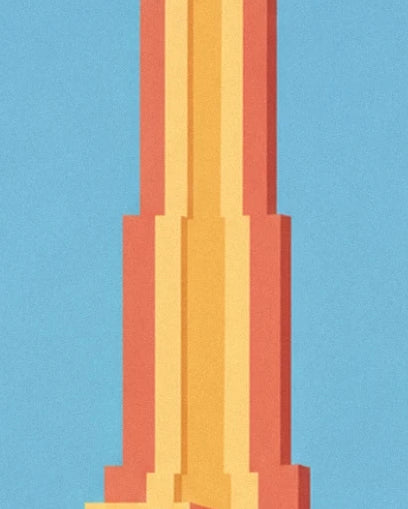 The vertical yellow and orange stripes of the backdrop against a blue background
