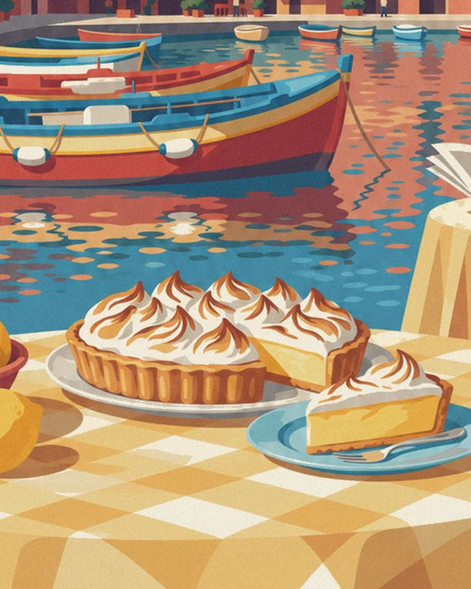 La tarte au citron meringuée et sa part servie, sur la nappe à carreaux face aux barques du port