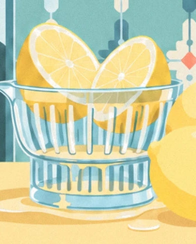 Le presse-agrumes en verre cannelé et ses moitiés de citron jaune