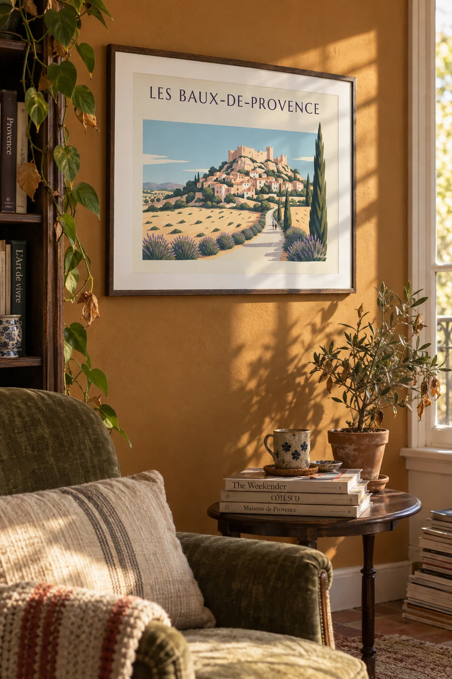 Poster of the village of Les Baux-de-Provence, lavender and cypress trees: framed on the wall