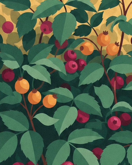 Les baies orange et rouge bordeaux dans le feuillage vert dense