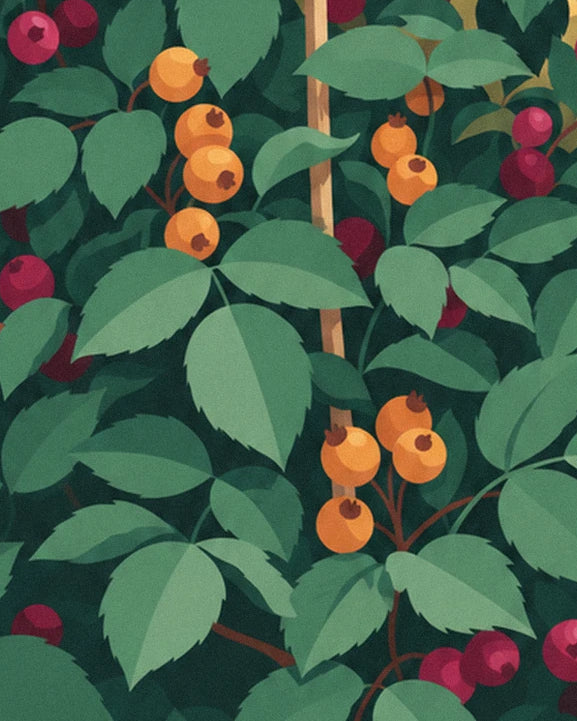 Une grappe de 5 baies orange le long d'une tige claire, entre les feuilles